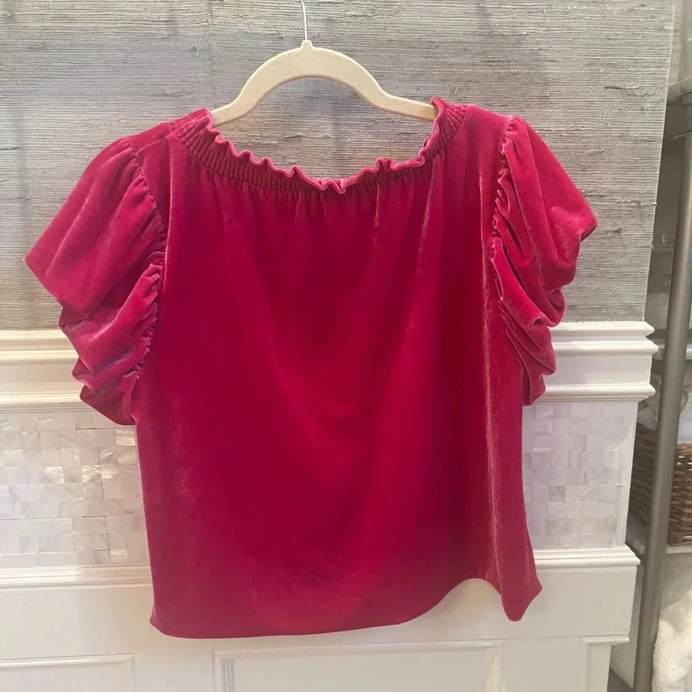 FREE PEOPLE Terese velvet puff sleeve top SMALL shirt sleeves bright pink blouse